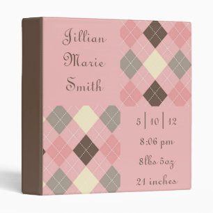 Pink and Brown Argyle Baby Book 3 Ring Binder