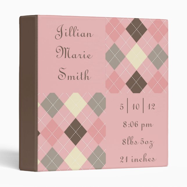 Pink and Brown Argyle Baby Book 3 Ring Binder (Front/Spine)
