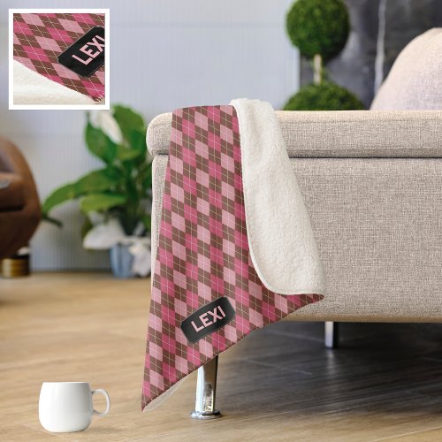 Pink and Brown Argyle Diamonds with intials  name Sherpa Blanket