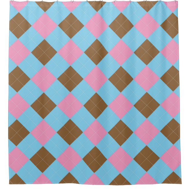 Pink and brown argyle pattern shower curtain (Front)