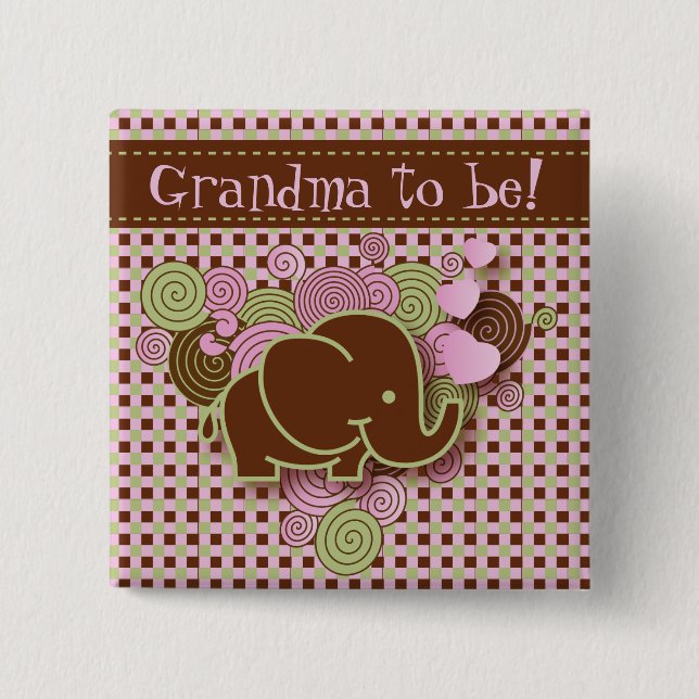 Pink and Brown Baby Elephant | Grandma to be Pinback Button (Front)