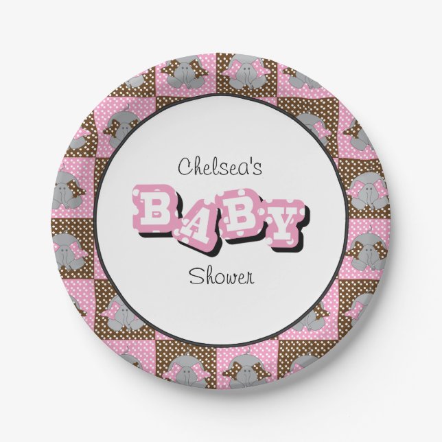 Pink and Brown Baby Elephants | Personalize Paper Plates (Front)