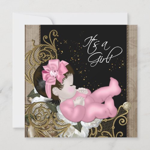 Pink and Brown Vintage Baby Girl Shower Invite