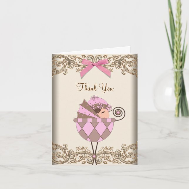 Pink and Brown Baby Shower Thank You Cards (Front)