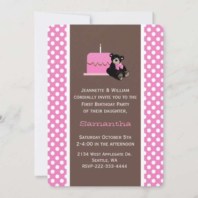 Pink and Brown Baby's First Birthday Invitation (Front)