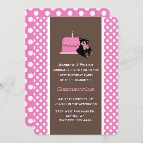 Pink and Brown Babys First Birthday Invitation
