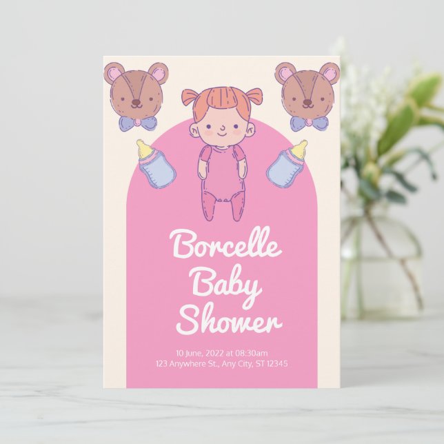 Pink and Brown Bear Baby Shower  Invitation (Standing Front)