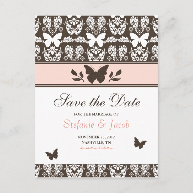 Pink and Brown Butterfly Save The Date Postcard (Front)