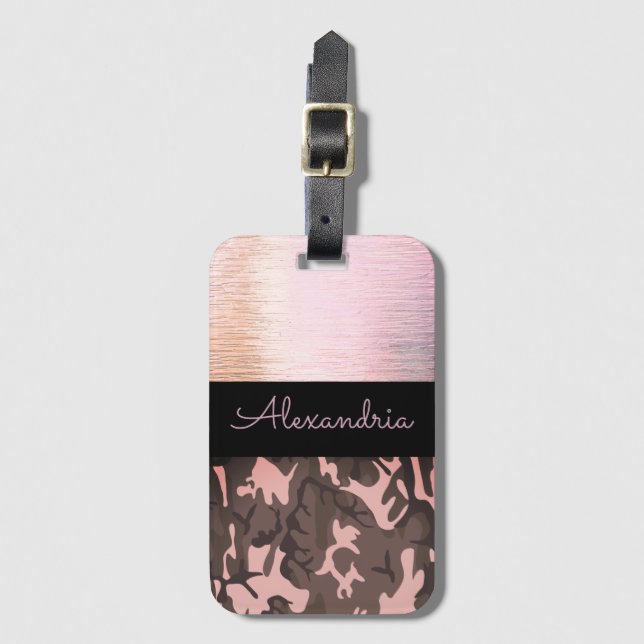 Pink and Brown Camo Personalized Luggage Tag (Front Vertical)