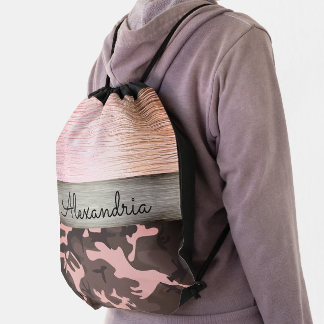 Pink and Brown Camo Shimmery Pink Drawstring Bag (Insitu)