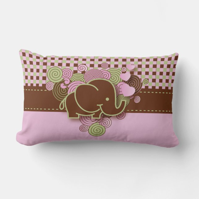 Pink and Brown Checkered Baby Elephant Lumbar Pillow (Front)