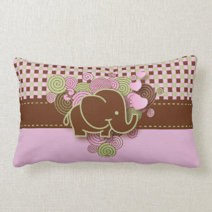 Pink and Brown Checkered Baby Elephant Lumbar Pillow