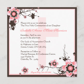 Pink and Brown Cherry Blossom Communion Invitation