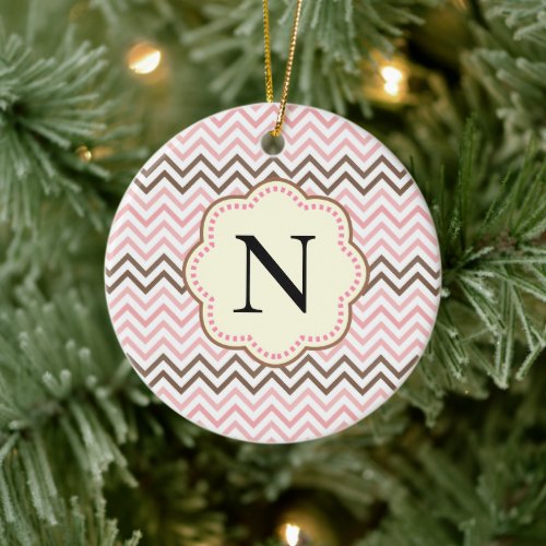 Pink and Brown Chevron  Ceramic Ornament