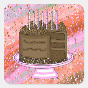 Pink and Brown Chocolate Cake Birthday Square Sticker