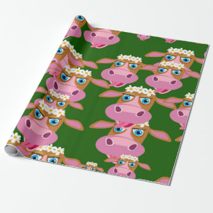 Pink And Brown Cow Face Animal Print Wrapping Paper