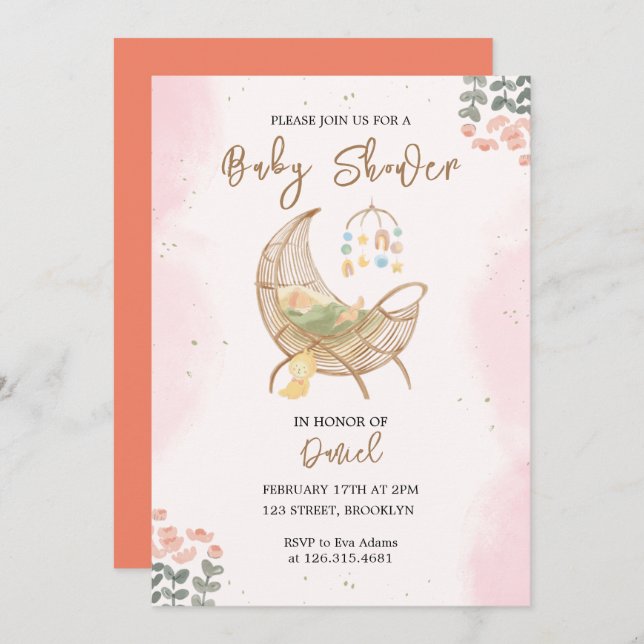 Pink and Brown Cradle Baby Shower Invitation (Front/Back)