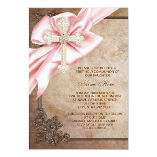 Pink and Brown Cross First Communion Card