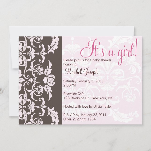 Pink and Brown Damask Baby Girl Shower Invite (Front)