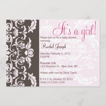 Pink And Brown Damask Baby Girl Shower Invite by Stephie421 at Zazzle