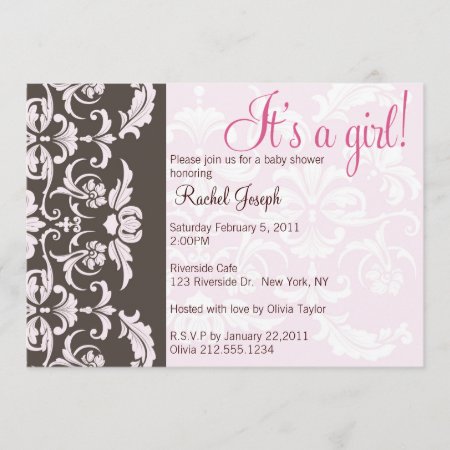 Pink And Brown Damask Baby Girl Shower Invite