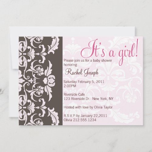 Pink and Brown Damask Baby Girl Shower Invite