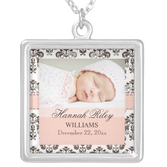 Pink and Brown Damask Baby Photo Necklace (Front)