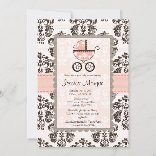 Pink and Brown Damask Baby Shower Invitations