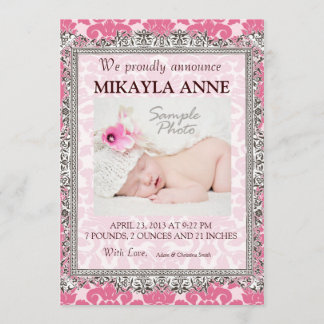 Pink and Brown Damask Birth Announcement