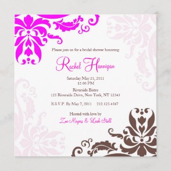 Pink And Brown Damask Bridal Shower Invitation by Stephie421 at Zazzle