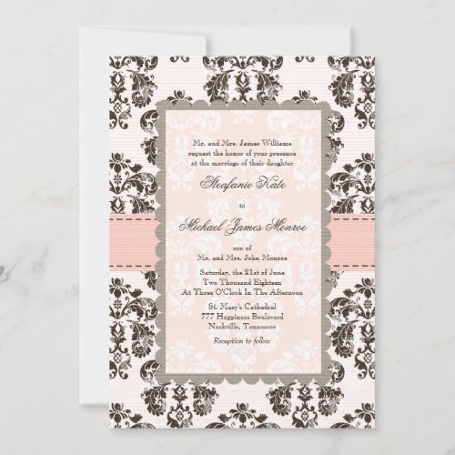 Pink and Brown Damask Wedding Invitations