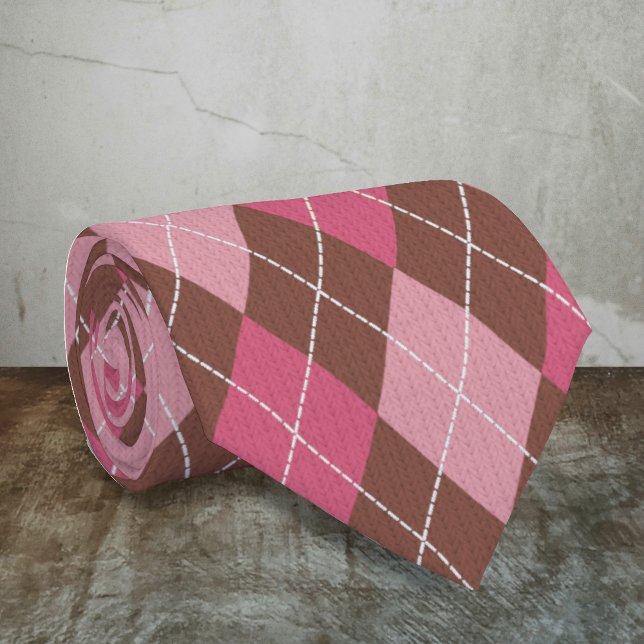 Pink and Brown Diamonds - Argyle Pattern Stitched Neck Tie (Creator Uploaded)