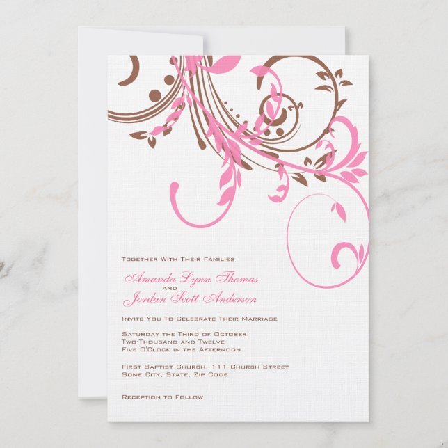 Pink and Brown Double Floral Wedding Invitation (Front)