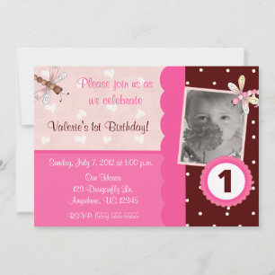 Pink and Brown Dragonfly Girls Birthday Invitation