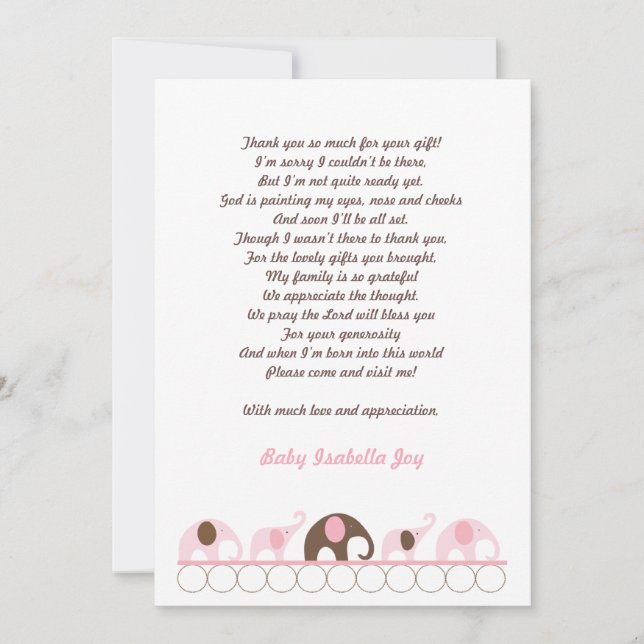 Pink and Brown Elephant Thank You Note with poem (Front)