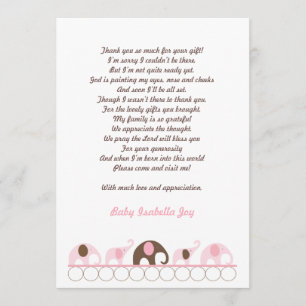 Pink and Brown Elephant Thank You Note with poem Card