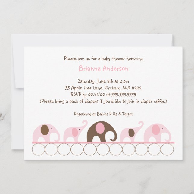 Pink and Brown elephants girl baby shower Invitation (Front)
