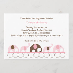 Pink and Brown elephants girl baby shower Invitation