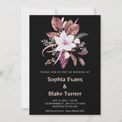 Pink and Brown Floral Botanical Black Wedding Invitation