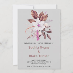 Pink and Brown Floral Botanical Light Gray Wedding Invitation