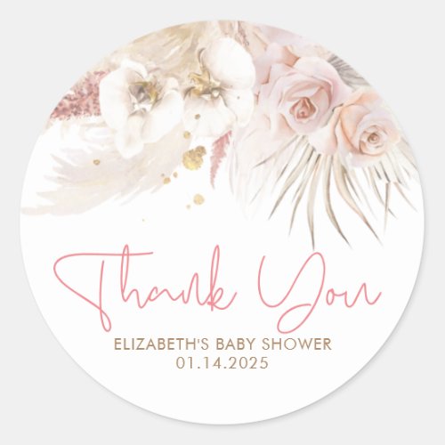 Pink and Brown Floral Exotic Baby Shower Thank You Classic Round Sticker