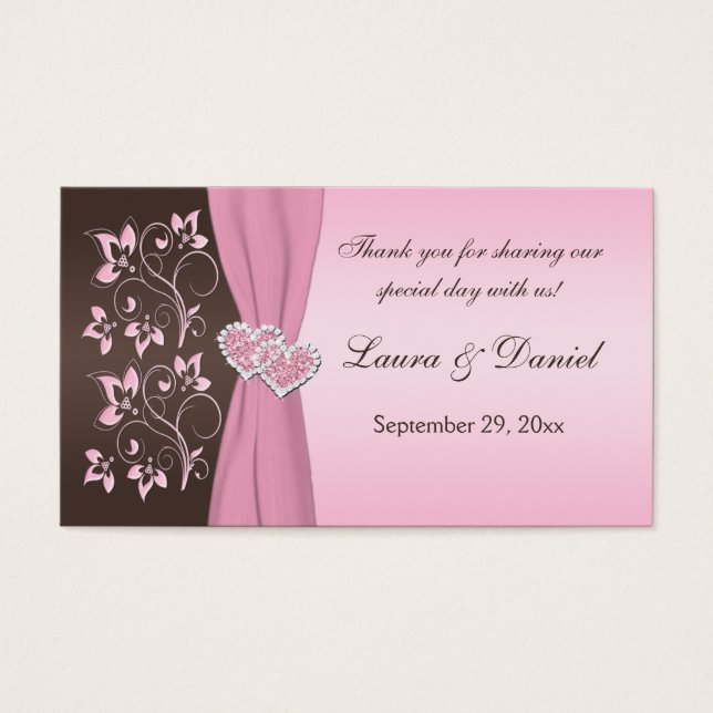 Pink and Brown Floral, Hearts Wedding Favor Tag (Front)
