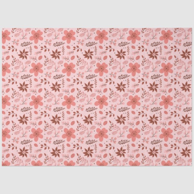 Pink and Brown Floral Leaves Christmas Tissue Paper (Front)