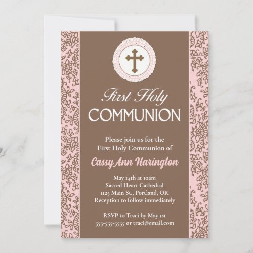 Pink and Brown Floral Outlines First Communion Invitation