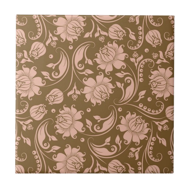 Pink and Brown Floral Pattern Ceramic Tile (Front)