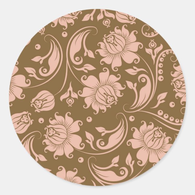 Pink and Brown Floral Pattern Classic Round Sticker (Front)