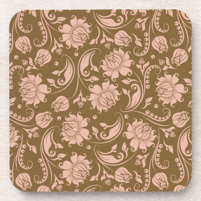 Pink and Brown Floral Pattern Drink Coaster (Front)