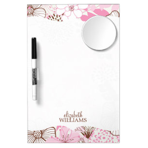 Pink and Brown Floral Pattern Dry Erase Board With Mirror