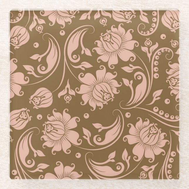 Pink and Brown Floral Pattern Glass Coaster (Front)