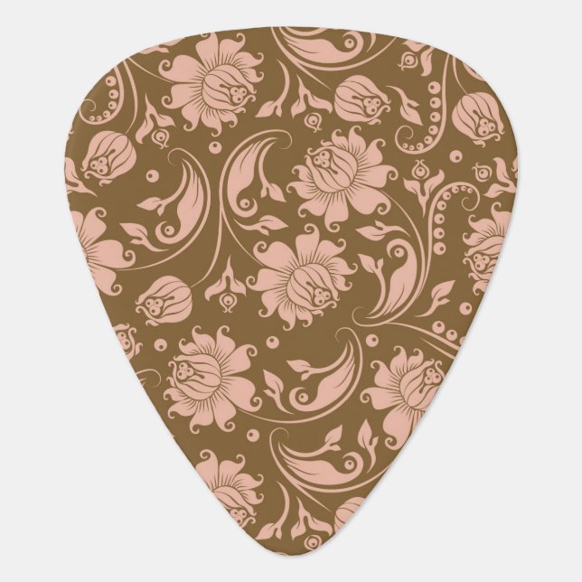 Pink and Brown Floral Pattern Guitar Pick (Front)